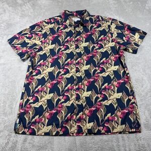 David Shepard Hawaii Button Up Shirt Men XL Navy Blue Floral Cotton Short Sleeve